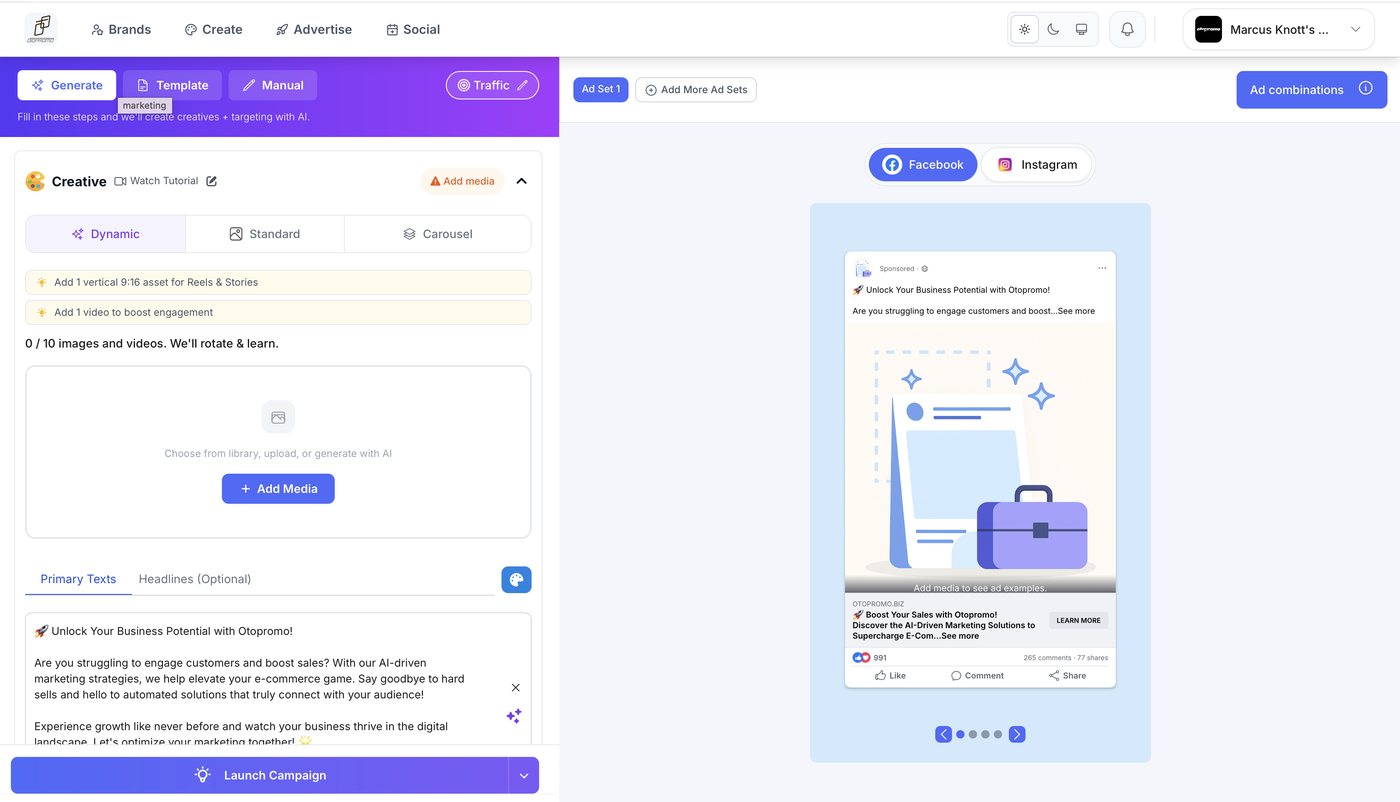 Otopromo campaign builder with AI creative generation and a live Facebook and Instagram preview