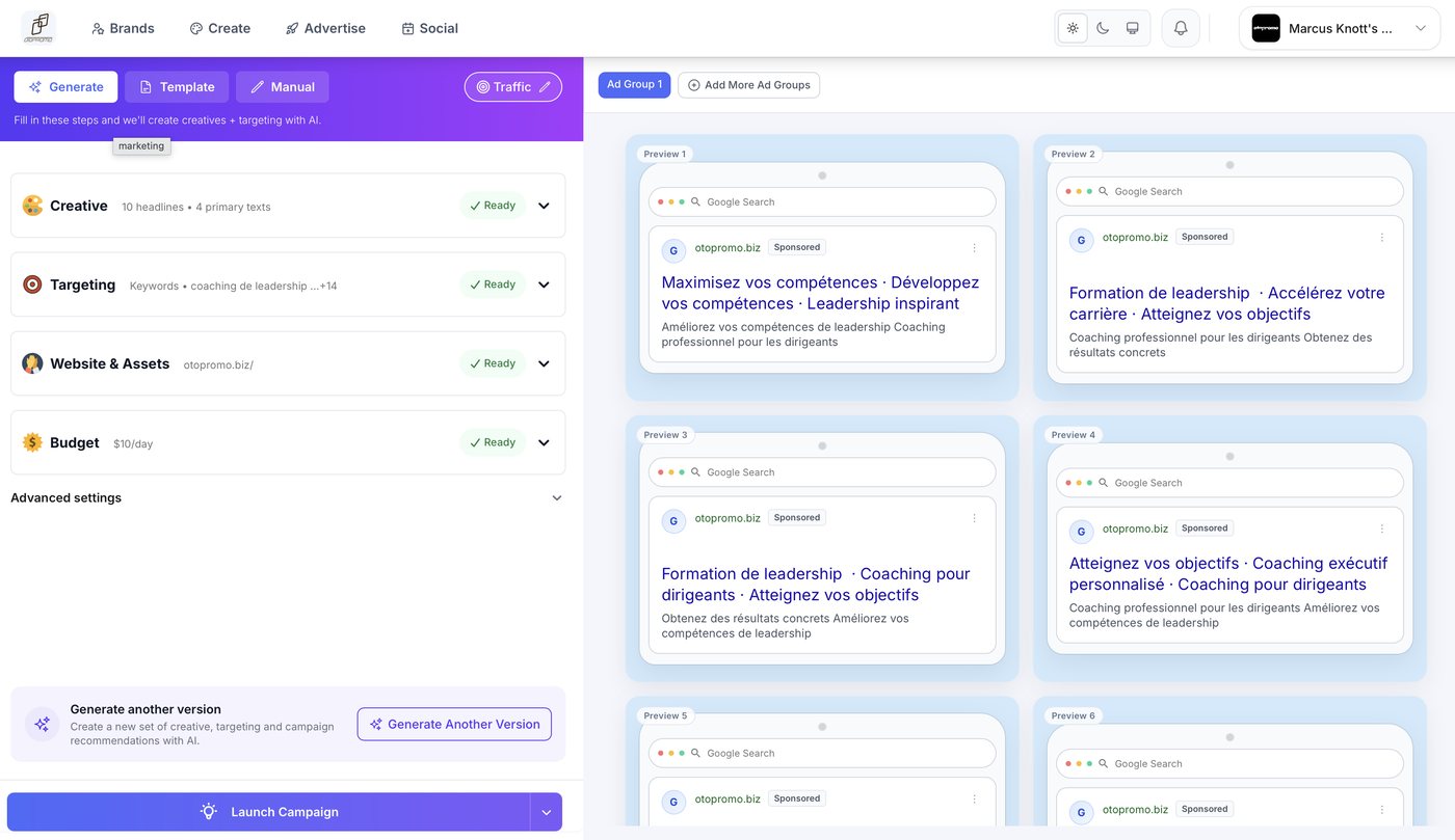 Otopromo campaign generation with AI-written Google Ads previews across an ad group